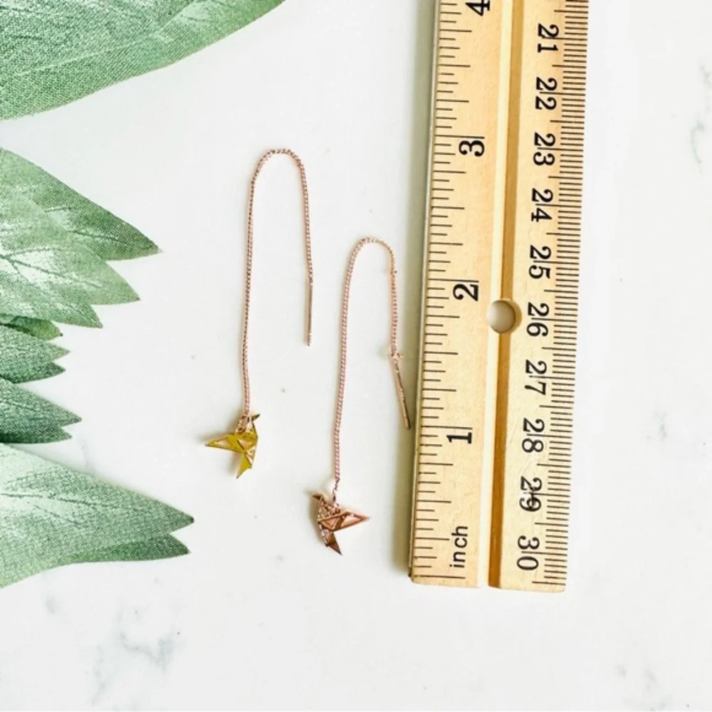 Origami Crane Bird Rose Gold Threader Earrings Delicate Long Chain Tassel - Picture 10 of 10